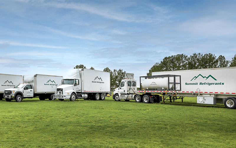 Summit Refrigerant fleet of semi-trucks outside of their corporate offices in Dallas, TX.