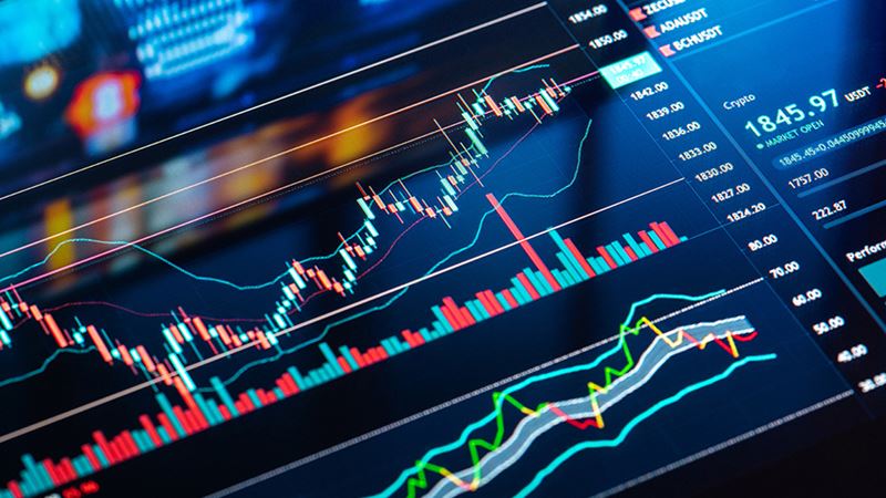 Display showing market trends and graphs